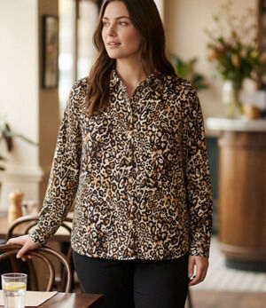 Talbots Leopard Print Shirt Petite XL Button Front Cotton Long Sleeve Blouse